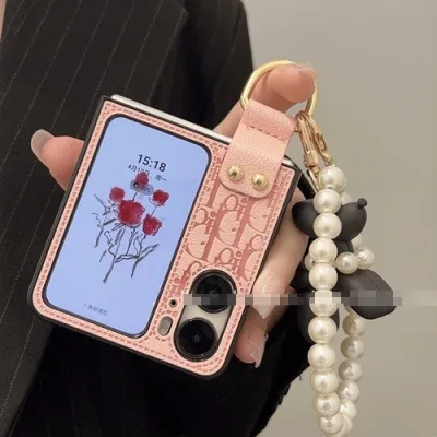 Dành cho OPPO Find N2 Flip có vòng khóa bảo vệ vỏ điện thoại thiết kế D cổ điển Vỏ điện thoại bằng da PU cho OPPO Find N3 Flip Với vòng tay đính cườm và hình chú chó con Vỏ điện thoại gập lại