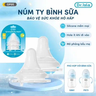 núm vú 2chiếc cho bé Dr.Isla sơ sinh cổ rộng tự nhiên bằng silicon chống đầy hơi không chứa BPA GP05