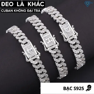 Vòng tay bạc nam Cuban 8mm đính đá khắc tên cá nhân khoá hộp tai cài sang trọng LTA0147 - Trang Sức TNJ