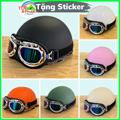Mũ bảo hiểm nửa đầu 1/2 màu trơn kèm kính phi công và kính UV xốp ép nhiệt - khóa đỏ pull cao cấp