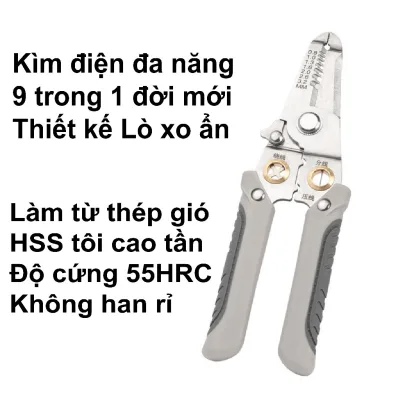Kìm tuốt dây điện đa năng 9 trong 1, Kìm điện đa năng Thép gió HSS, tước dây 4mm, Lò xo ẩn (Loại 1 có đóng vỉ)