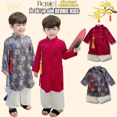 Set áo dài tết kèm quần bé trai lụa gân màu đỏ màu vàng phối gấm có khánh BERNIE 9 đến 24kg 924B17