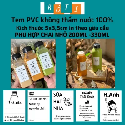 ROTI | 100 Tem cà phê, trà sữa không thấm nước 100%, phù hợp ly chai nhỏ 200ml - 330ml, tem 5x3,5cm