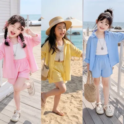 V1- Bộ sơ mi 3 chi tiết chất liệu đũi mềm mát cho bé gái diện đi chơi , đi biển
