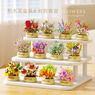 Khối xây dựng hoa hồng Hoa mọng nước Đồ trang trí cây trồng trong chậu Đồ chơi giáo dục trẻ em Quà tặng năm mới