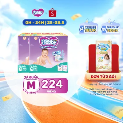 [TẶNG MIẾNG NGẪU NHIÊN] Combo 02 tã quần Bobby Khô Thoáng - 100% Thoáng Khí Mega Jumbo M112/L96/XL84/XXL76