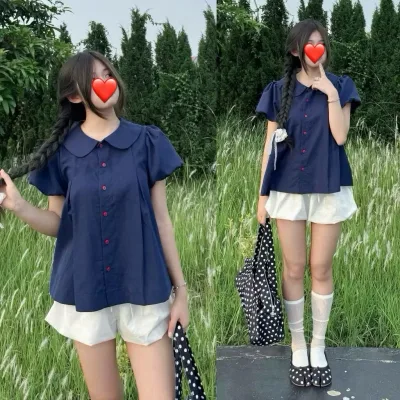 Áo sơ mi nữ kiểu bèo cổ sen tay bồng dáng babydoll form rộng xanh đen siêu xinh VANISA SM933