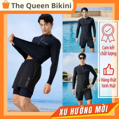Đồ bơi nam Size M - 4XL đồ đi tắm biển màu đen quần 2 lớp áo dài tay & ngắn tay phối khóa kéo kín đáo thể thao 039