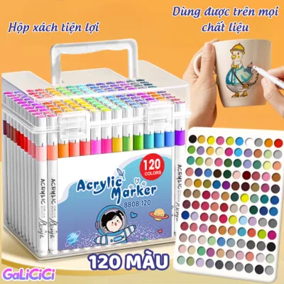 Bút vẽ Acrylic hộp vuông lớn 120 chiếc, dụng cụ nghệ thuật sống động chống thấm nước cho sổ lưu niệm tự làm