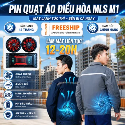 Áo điều hòa Nhật Bản MLS M1 pin trâu 94000mah sử dụng liên tục 14h, pin quạt áo điều hòa 24V cực mát