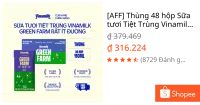 [AFF] Thùng 48 hộp Sữa tươi Tiệt Trùng Vinamilk Green Farm rất ít đường 110ml