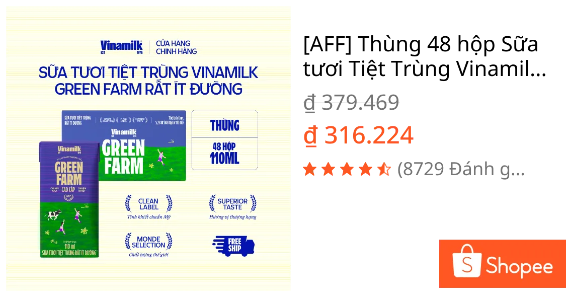 Thùng 48 hộp Sữa tươi Tiệt Trùng Vinamilk Green Farm rất ít đường 110ml