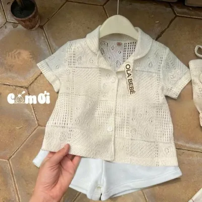 Set áo quần trắng vải hoạ tiết lưới siêu mát cho bé đi chơi biển, đi học siêu đẹp -Mochi- Mã Lưới