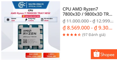 CPU AMD Ryzen7 7800x3D / 9800x3D TRAY - Chính hãng - NEW (4,2Ghz - Boost 5,0GHz - 8 nhân 16 luồng) - BH 36 Tháng