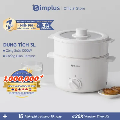 Simplus 1000W Multi-Function Electric Pot Non-Stick Enamel Coating Two Customizable Heat Levels Steamer Rice Cooker Comes with Steaming Basket Free Pot Cleaning Sponge Dzgh010