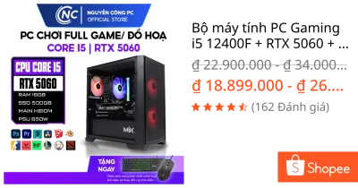 Bộ máy tính PC Gaming i5 12400F + RTX 5060 + ram 16GB chiến mọi game, đồ họa - Full NEW