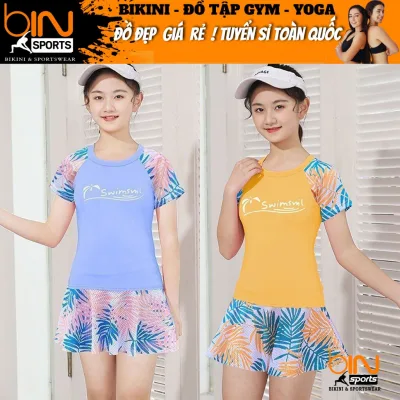 Đồ bơi bé gái 2 mảnh kín đáo áo tay ngắn quần đùi váy họa tiết nhiều màu dễ thương size từ 20kg-56kg BINSPORTS BB107