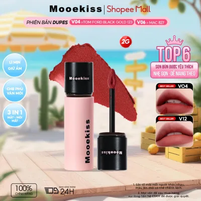 Son bùn Mooekiss chất lì mịn như nhung, không gây khô môi, giúp tôn da và giữ màu lâu trôi, thiết kế mini tiện mang theo 2g