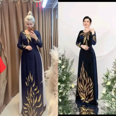 Áo dài mẹ trung niên hoa văn sống lá
