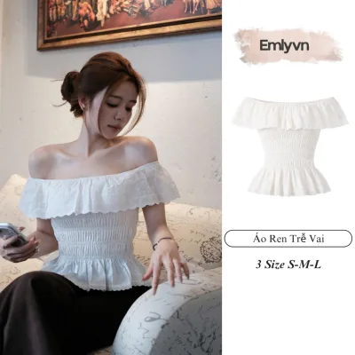 EMLY - Áo Ren Chun Trễ Vai Nữ Co Giãn, Áo Ren Dáng Xòe Tiểu Thư Quyến Rũ