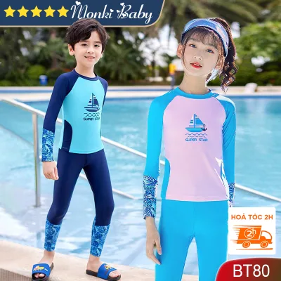 Đồ bơi kín toàn thân cho bé trai bé gái, áo dài tay quần dài chống nắng giữ nhiệt, chất thun bơi lạnh mịn mát, co giãn cao, thoải mái | BT80