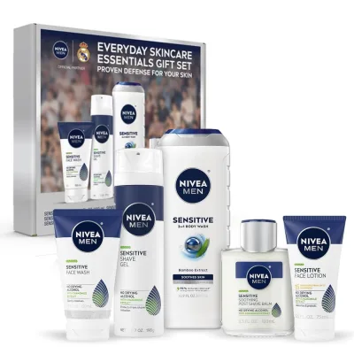 Bộ chăm sóc da nhạy cảm NIVEA MEN dành cho nam giới, Sữa rửa mặt, 5 Fl Oz + Sữa tắm toàn thân, 16,9 Fl Oz + Gel cạo râu, 7 Oz + Kem dưỡng da nhẹ nhàng, 3,3 Fl Oz + Kem dưỡng da mặt SPF 15, 2,5 lít Oz