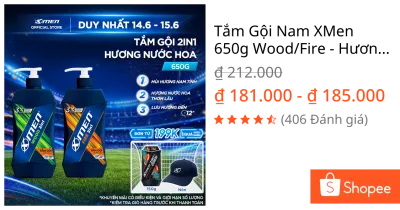 Tắm Gội Nam XMen 650g Wood/Fire - Hương Nước Hoa Thơm Lâu Sạch Sâu