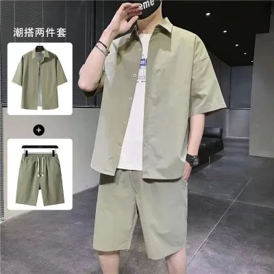 Áo Sơ Mi Nam Tay Ngắn Hai Mảnh Phù Hợp Với Mùa Hè Hợp Thời Trang Rời Phù Hợp Với Nam Hợp Thời Trang Đẹp Trai Thường Ngày Một Bộ Xuyên Biên Giới Hợp Thời Trang