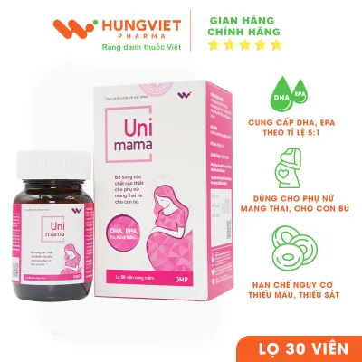 Viên uống UNIMAMA bổ sung DHA, EPA, Vitamin và khoáng chất cho phụ nữ mang thai HungViet Pharma lọ 30v