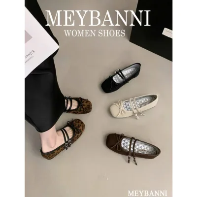Giày Búp Bê MEYBANNI Mũi Vuông Lót Bạc Chần Chỉ Quả Trám Phối Quai Ngang Và Nơ Nhỏ Xinh Xắn - C961