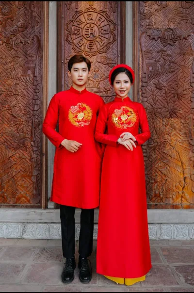 ÁO DÀI CƯỚI CẶP ĐÔI NAM NỮ THÊU HỌA TIẾT, ÁO DÀI CƯỚI TRUYỀN THỐNG CAO CẤP