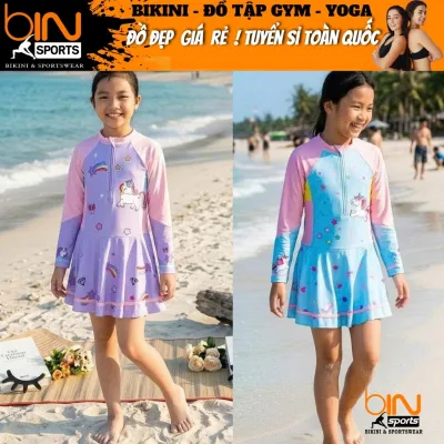 Girls' One-Piece Swimsuit with Long Sleeves and Discreet Zipper, Available in All Sizes from 25kg to 38kg Binsports Bb153