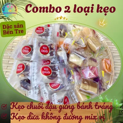 Combo 2 loại Kẹo đặc sản Bến Tre - Kẹo chuối đậu gừng cuộn bánh tráng & Kẹo dừa không đường mix vị