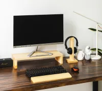 Bộ 3 Phụ kiện Kệ máy tính để màn hình, Kê tay bàn phím, Giá treo tai nghe bằng gỗ tự nhiên
