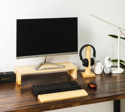 Bộ 3 Phụ kiện Kệ máy tính để màn hình, Kê tay bàn phím, Giá treo tai nghe bằng gỗ tự nhiên