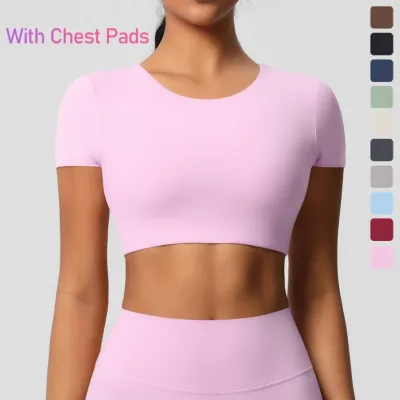 Nessaj Áo thun thể thao nữ tay ngắn Slim Fit Crop Top Gym Fitness Fitness Fitness Workout có miếng đệm ngực
