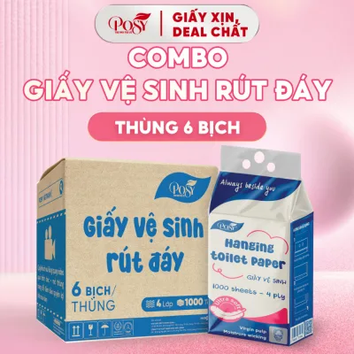 Thùng 6 bịch giấy vệ sinh rút đáy POSY 1000 tờ 4 lớp dập vân 4D mềm mại, êm ái, dễ tan trong nước