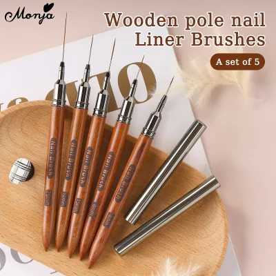 Bộ 5 Cọ Vẽ Nail Nghệ Thuật 4/8/12/15/25mm Monja Tay Cầm Gỗ Màu Nâu, Cọ Kẻ Vẽ Hoa Văn线条刷, Dụng Cụ Tự Làm Nail