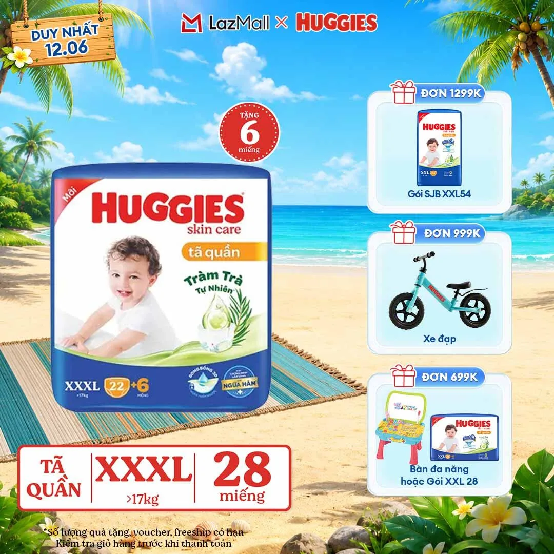Tã/bỉm quần Huggies Skin Care Jumbo XXXL22+6 miếng với tràm trà dịu da