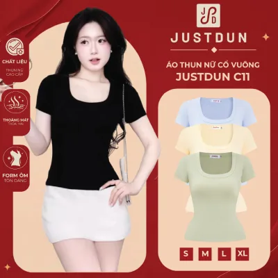 Áo Thun Nữ Ôm Body Cổ Vuông JUSTDUN C11 - Cotton Mịn, Co Giãn, Mềm Mại, Êm Ái, Thoáng Mát