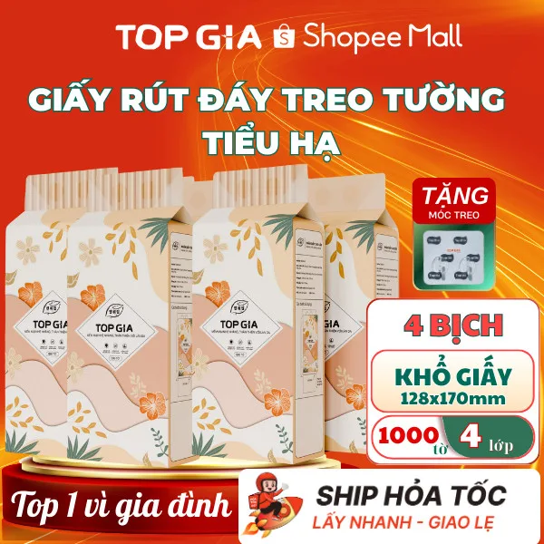 Thùng 4 Bịch Khăn giấy rút treo tường TopGia Tiểu Hạ, giấy vệ sinh 1000 tờ 4 lớp dày, mềm mịn