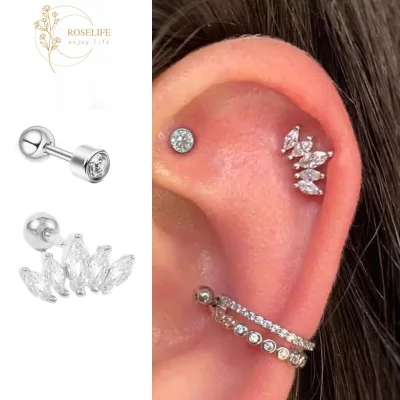 Roselife 1 Bạc S925 Pha Lê Vương Miện Vít Bông Tai Nữ Không Gây Dị Ứng Tai Khóa Trang Sức Quà Tặng