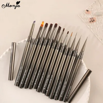 Bộ 12 cọ vẽ móng nghệ thuật Monja, cọ kẻ sọc, cọ vẽ chuyển màu kiểu Pháp, cọ vẽ acrylic pha lê gel UV, dụng cụ vẽ móng tay tự làm.
