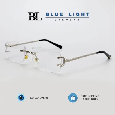 BLUE LIGHT - Gọng Kính Cận, Kính Giả Cận Mắt Khoan Chữ Nhật Nhỏ, Không Viền, Gọng Kim Loại Bạc, Vàng