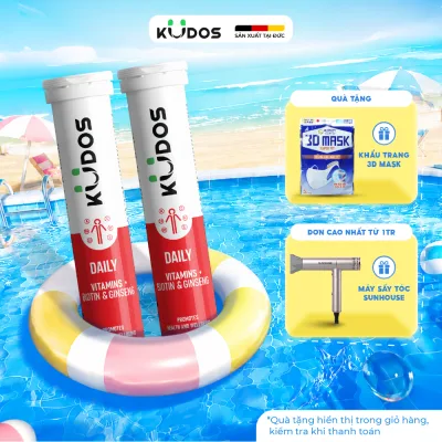 Combo of 2 Tubes of Kudos Daily Vitamins Plus Biotin & Ginseng Effervescent Tablets, Supplemented with Multivitamins and Ginseng (20V/Tube)