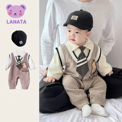 Body công tử chất trần bông cho bé trai dài tay thu đông, bodysuit cho bé liền thân hình gấu, mẫu quần áo sơ sinh 0-12M