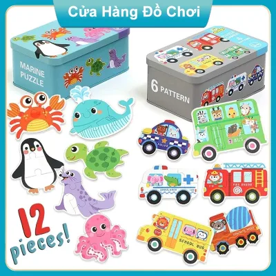 Bộ Ghép Hình Gỗ Cao Cấp 3-6 Mảnh, Đồ Chơi Giáo Dục Trẻ Em Hộp Sắt 6 Hình