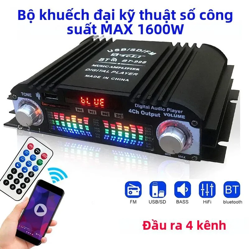 Amply Âm Thanh Kỹ Thuật Số HiFi 4 Kênh Công Suất Đỉnh 1600W Với Bluetooth, Karaoke, Radio FM Và Hỗ Trợ Điều Khiển Từ Xa