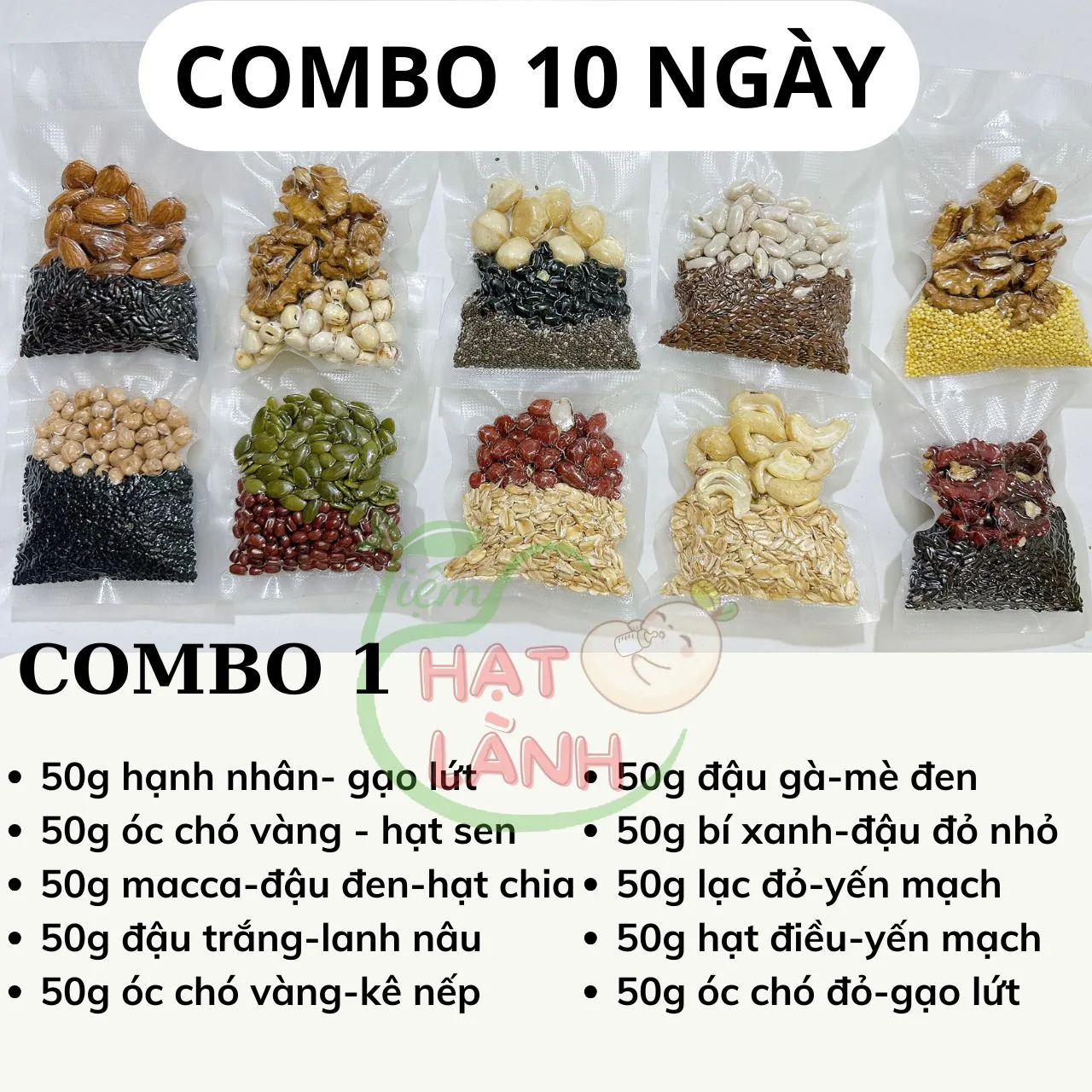Combo 10 ngày set hạt mix sẵn gói 50g hạt dinh dưỡng - Nấu đồ ăn dặm cho bé, sữa hạt mỗi ngày