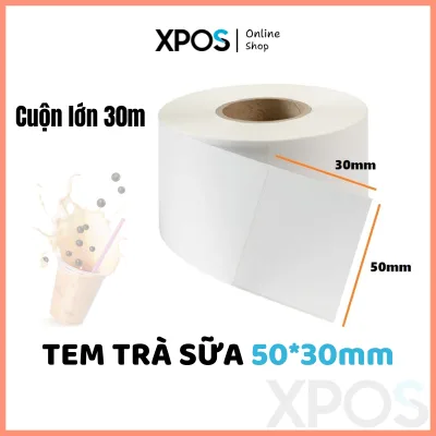 Tem nhiệt dán ly Trà Sữa 50x30mm – Cuộn lớn 30m, in rõ nét, không cần mực, keo dính tốt